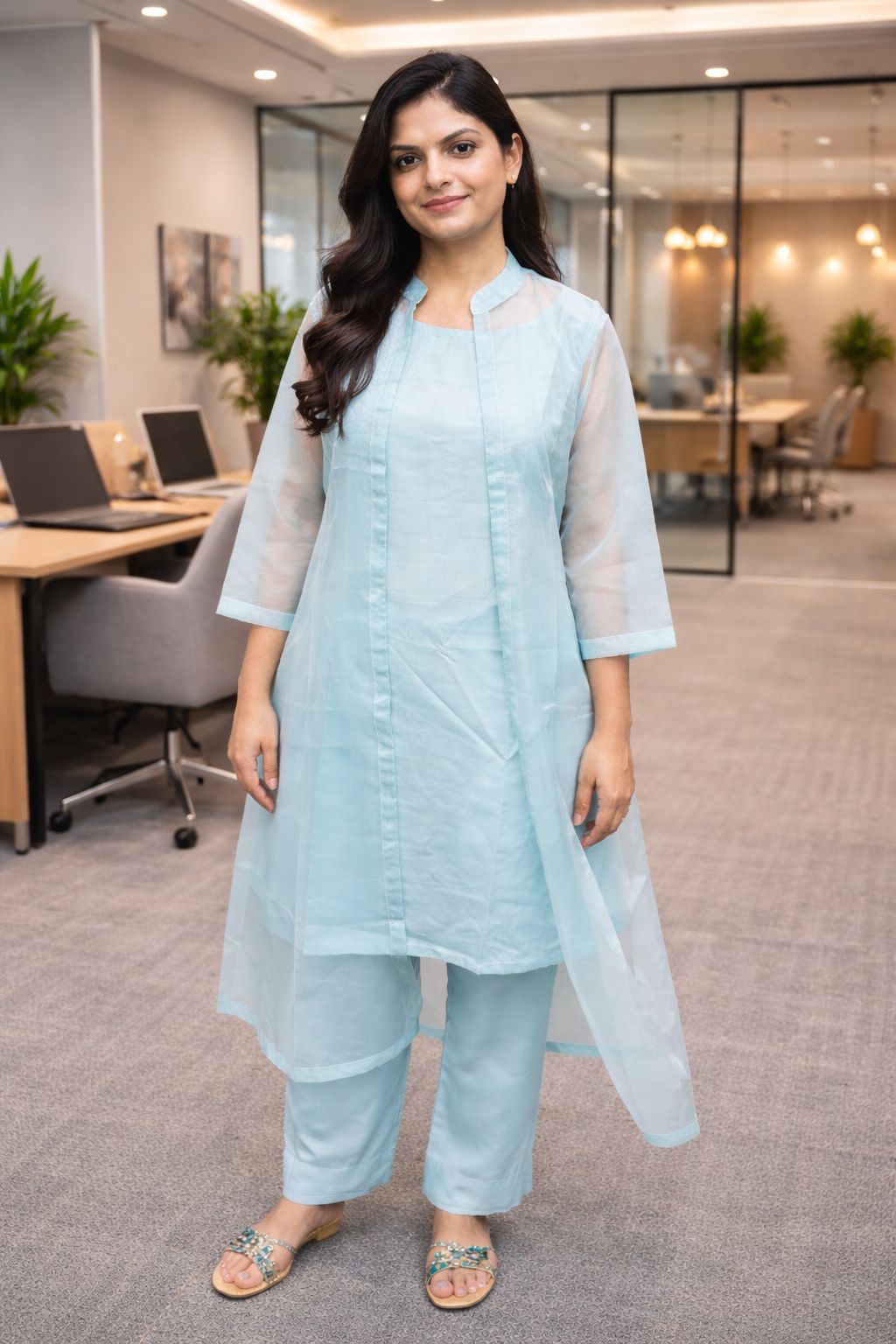 SKY BLUE JACKET KURTA SET